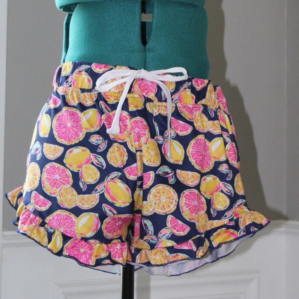 Simply Southern Fruit Print Pajama Shorts Navy Pink Yellow Ruffle Hem Women’s S
